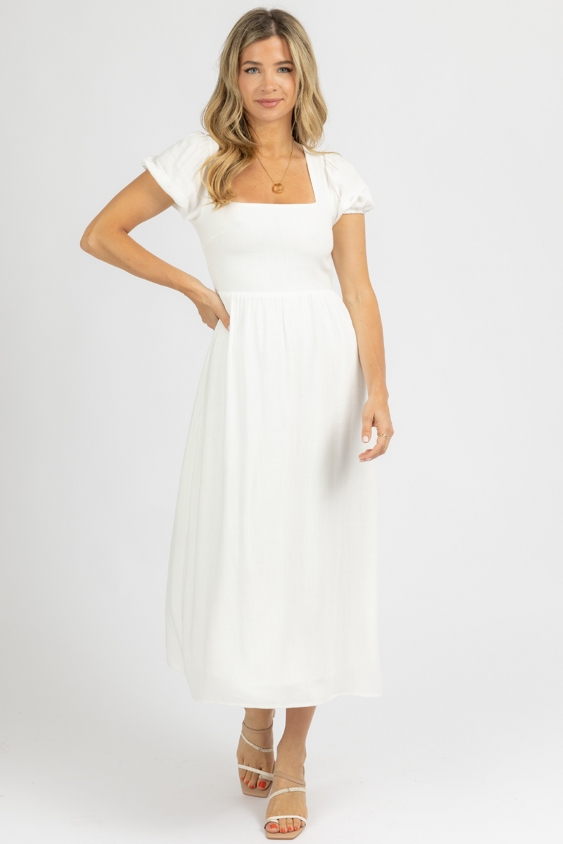 WHITE PUFF SLEEVE OPEN-BACK MIDI DRESS ...